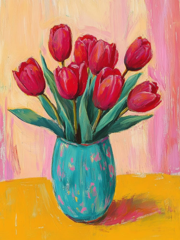 Red Tulips In A Blue Vase