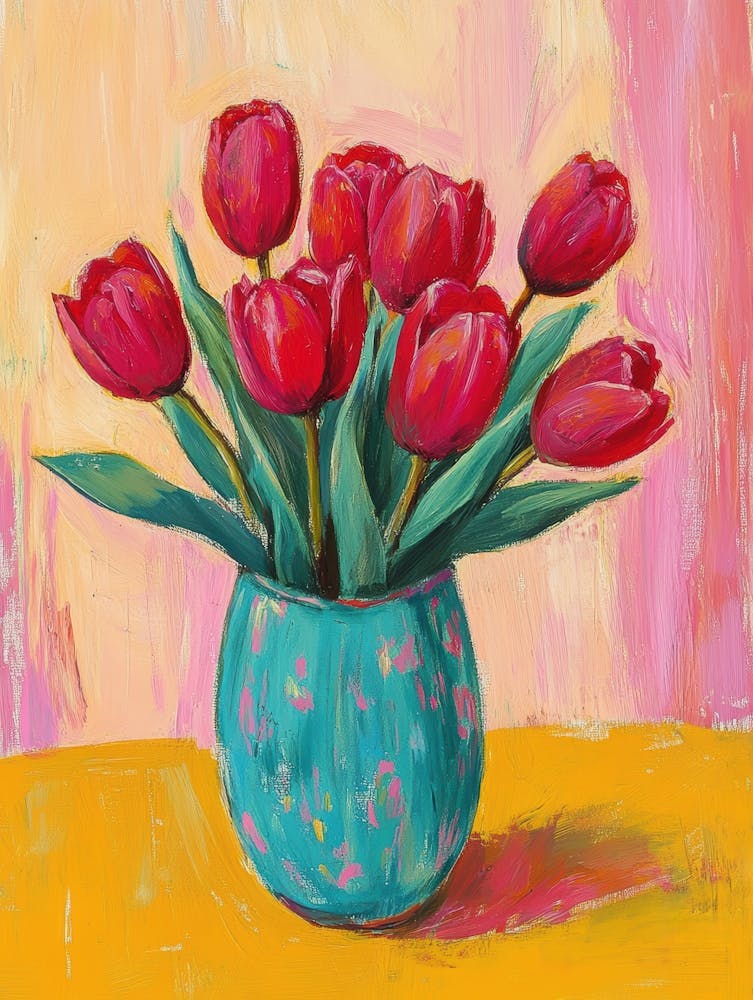 Red Tulips In A Blue Vase