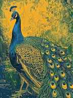 Blue Mustard Peacock Linocut Inspired 3