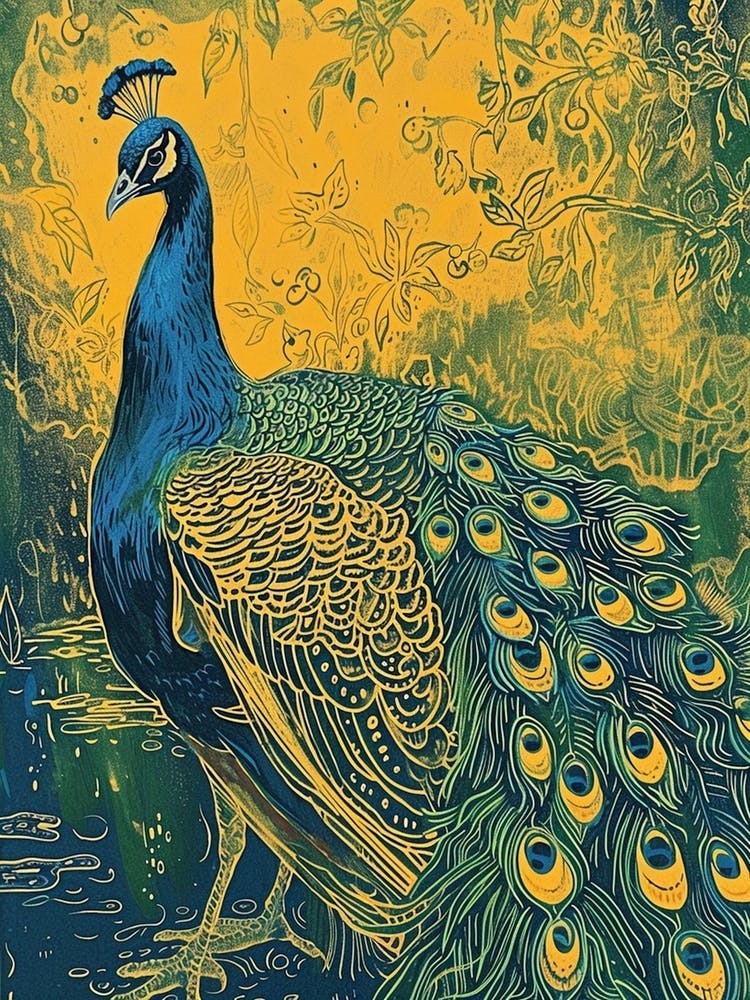 Blue Mustard Peacock Linocut Inspired 3