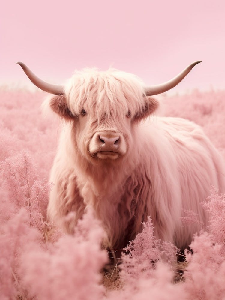 Pink Portrait Of Highland Cow Realistic Photography Style 4