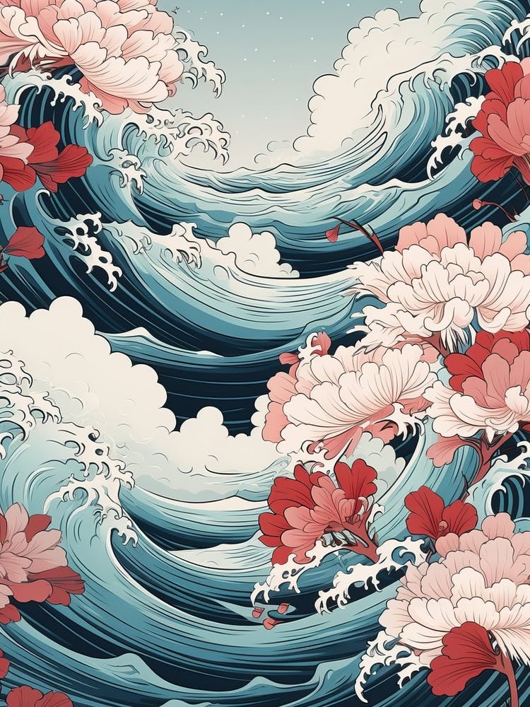 Great Wave With Lotus Flower Drawing In The Style Of Ukiyo E 2