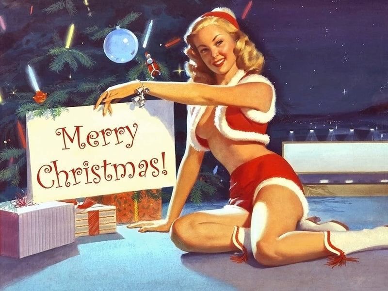 Pinup Sexy Girl In Red Costume Wishes You A Merry Christmas