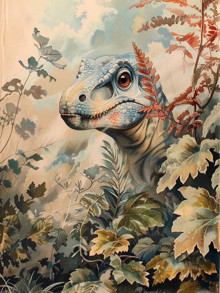 Dinosaur Looking Through The Leaves Storybook Style