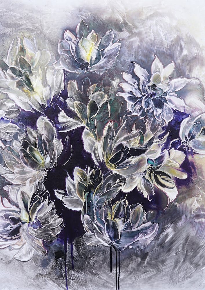 Grey And Blue Flower Painting