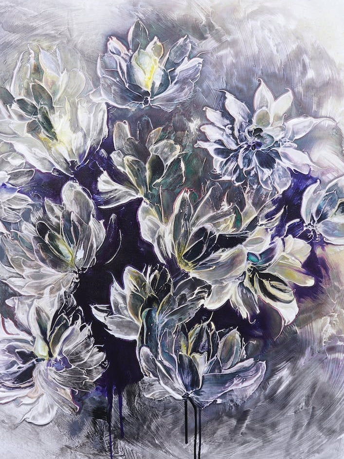 Grey And Blue Flower Painting
