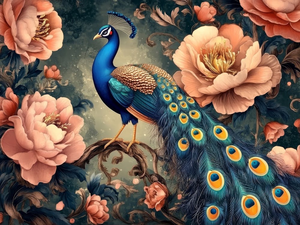 Seamless Floral Leather And Peacock Painting