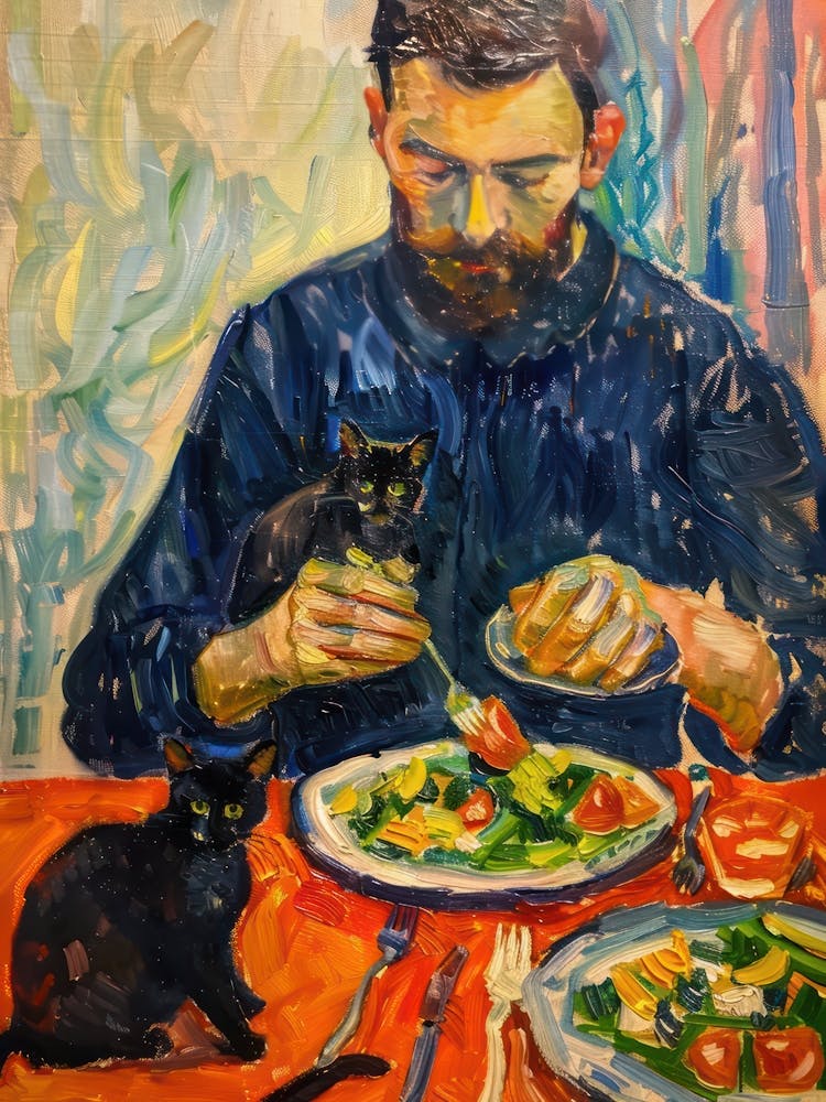 Portrait Of A Man With Cats Eating A Salad  5