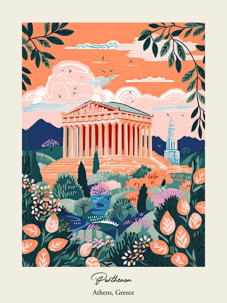 Parthenon   Athens, Greece   Cute Botanical Illustration Travel 3 Poster