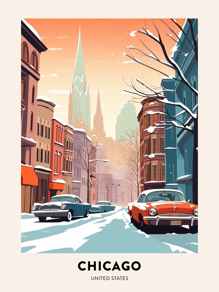 Vintage Winter Travel Poster Chicago Usa 2