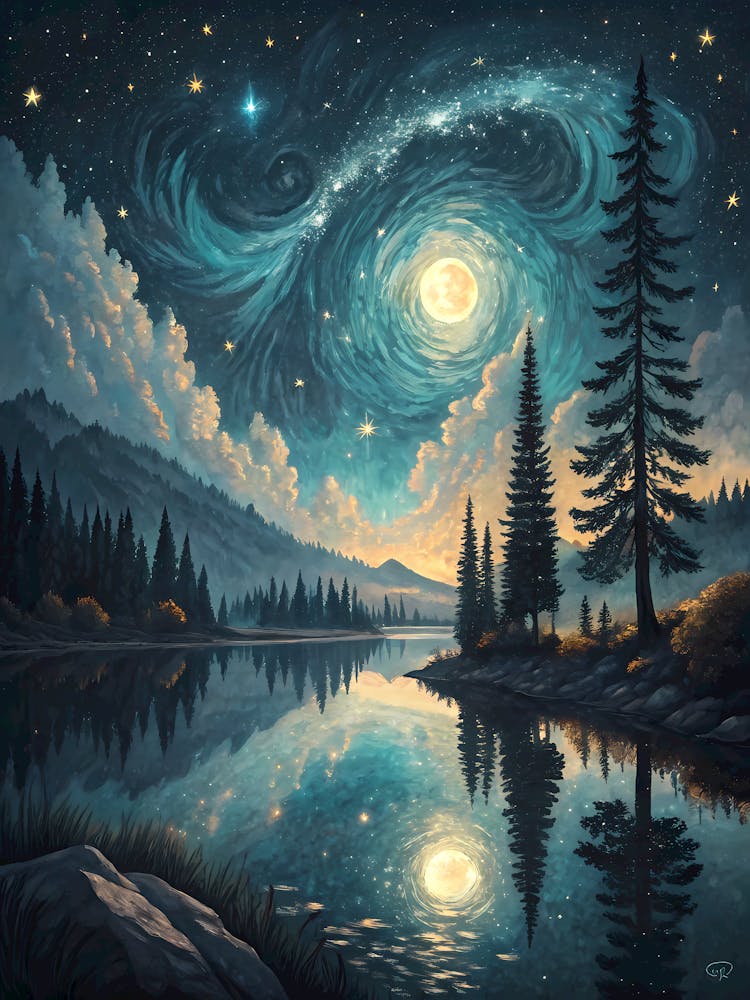 Oil Painting Style Mystical Starry Lake Enchanted Forest Night Landscape