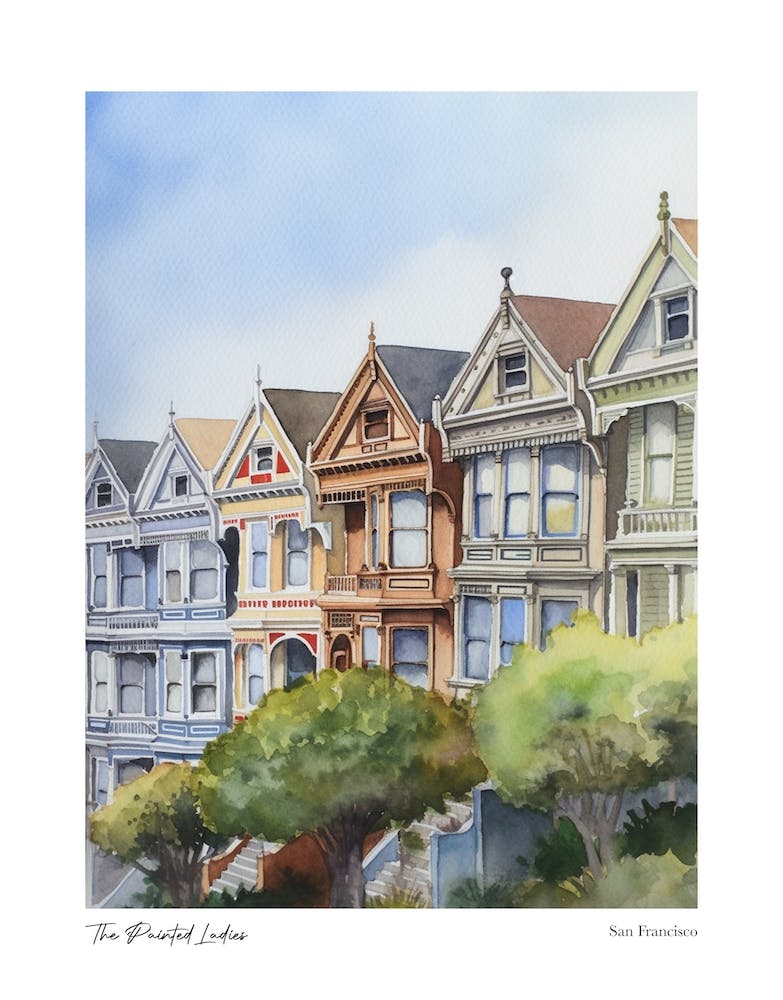 The Painted Ladies, San Francisco 3 Watercolour Travel Poster