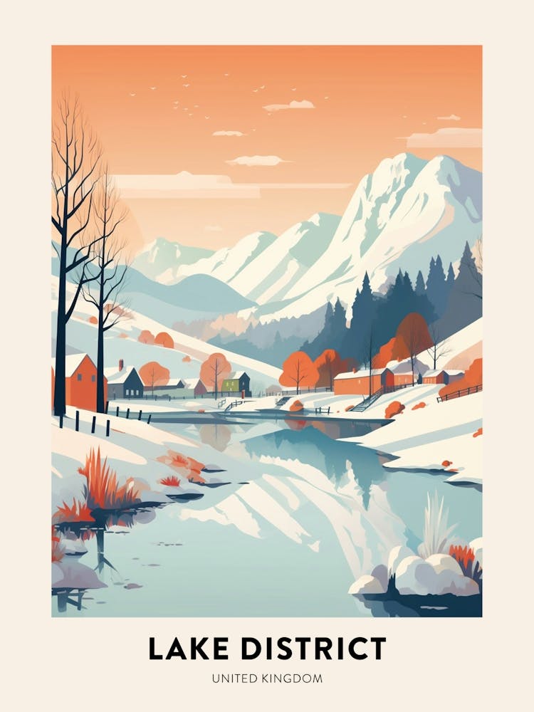 Vintage Winter Travel Poster Lake District United Kingdom 4