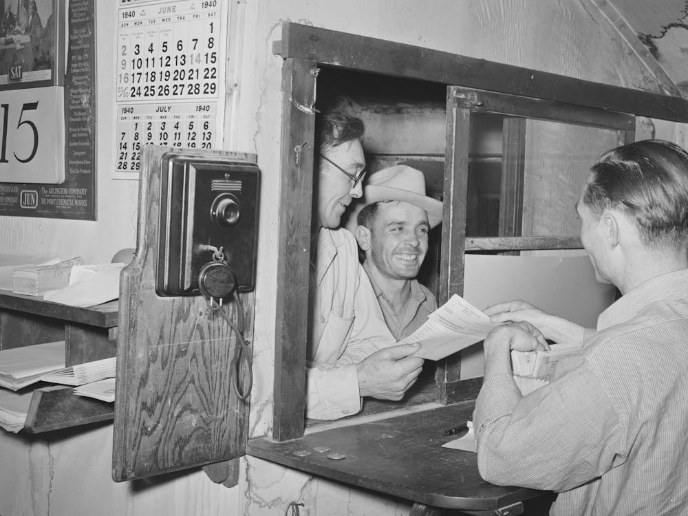 Workers At Mine Receiving Paychecks, Mogollon, New Mexico By Russell Lee