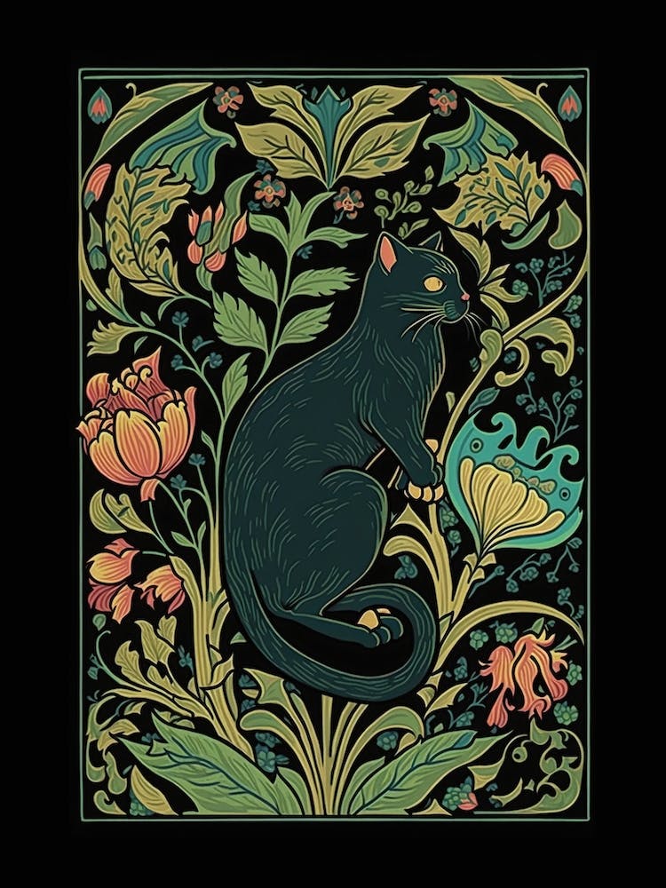 William Morris  Inspired Cats Collection Black Background Leaves Green