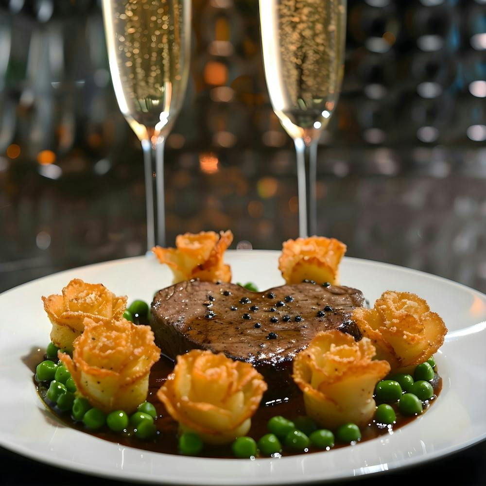 Seared Heart-Shaped Steak with Crispy Potato Roses