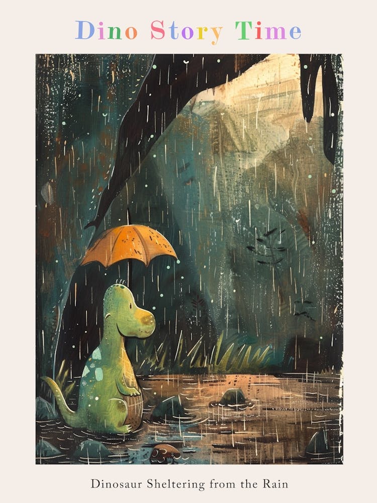 Dinosaur Sheltering From The Rain Storybook Style 1 Poster
