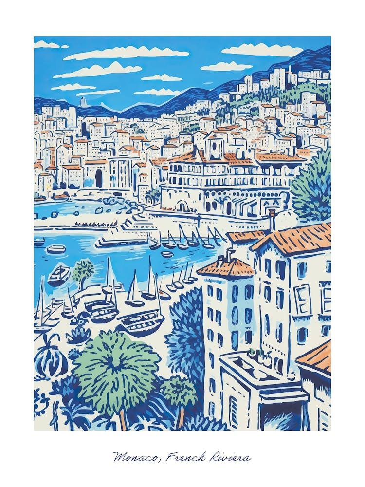 French Riviera Monaco Illustration Line Art Travel Blue