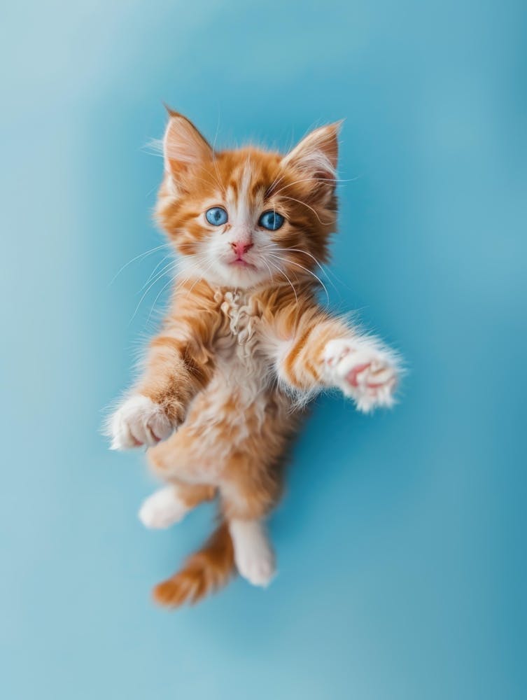 Cute Kitten Jumping On Blue Background
