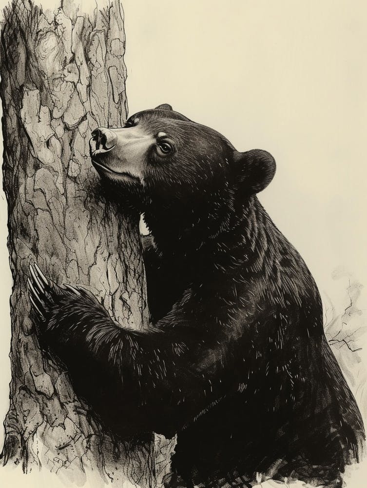 Malayan Sun Bear Scratching Its Back Against A Tree Ink Illustration 3