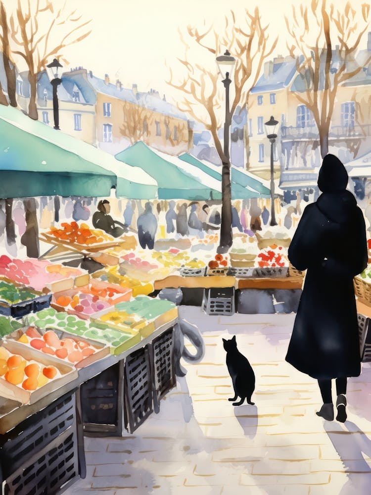 Food Market With Cats In Paris 3 Watercolour