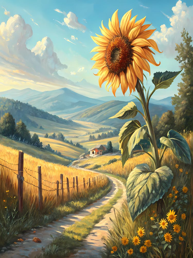 Oil Painting Style Golden Sunflower Field Rural Landscape with Winding Path