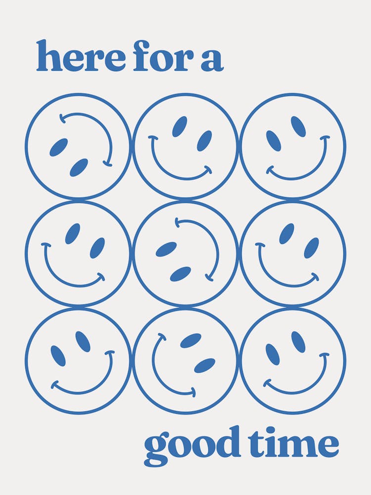 Good Time Blue Smiley, smile, happy, positive, mood, affirmations, cool, cute, pink, minimal, aesthetic, smiley, vintage, retro, patterns, self love, groovy, funky