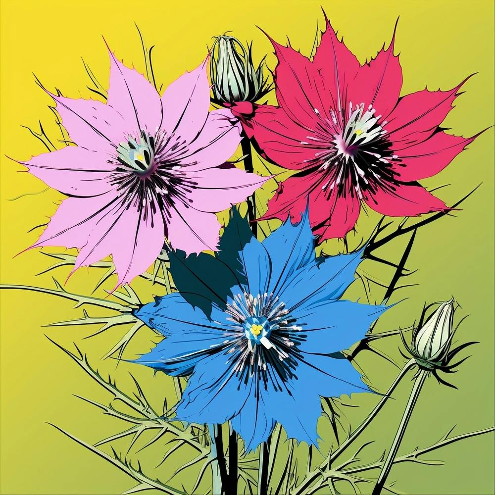 Andy Warhol Style Pop Art Flowers Love In A Mist Nigella 1 Square