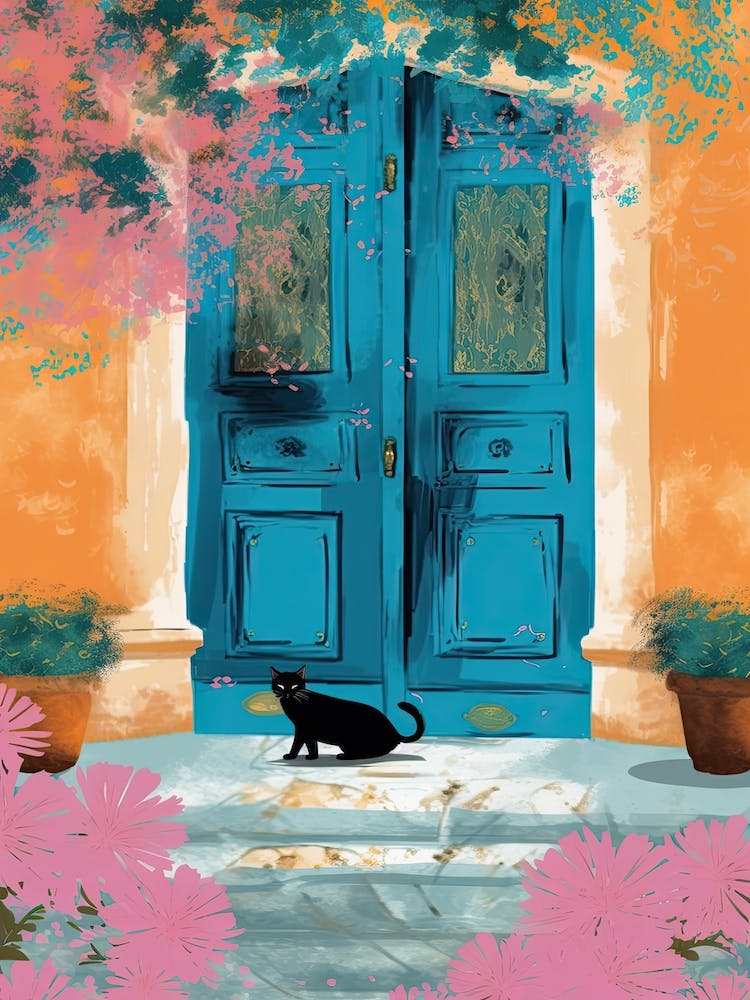 Black Cat Mediterranean Blue Door Illustration