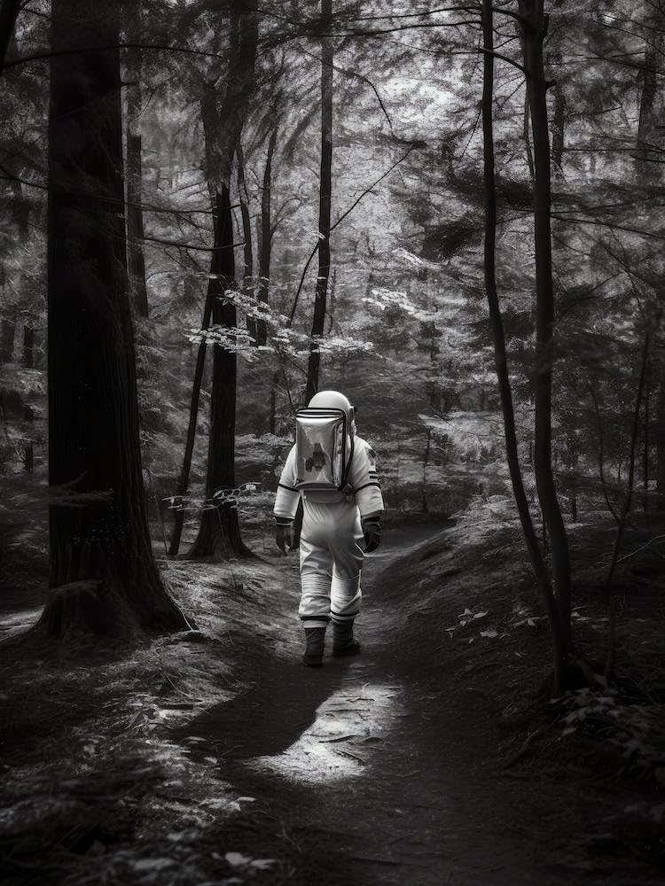 Astronaut In The Woods Black And White Photo