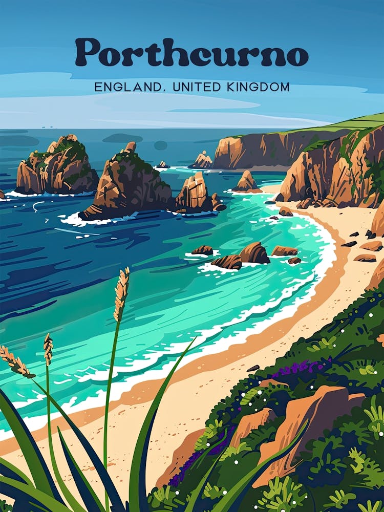Porthcurno England Seaside Travel Art Illustration