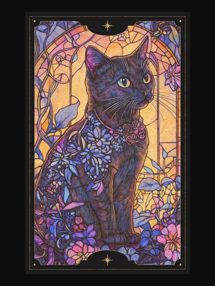 Alphonse Mucha-inspired black cat and ornate florals with gold accents in a dark cottagecore aesthetic with stained glass effect, Purple and Blsck Art Nouveau style witchy artwork perfect for libraries, vintage-themed rooms, moody interior