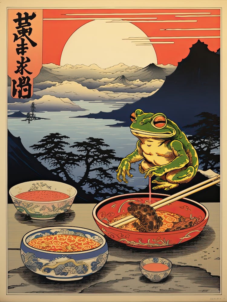 Frog Eating Ramen, Matsumoto Hoji Inspired Japanese Woodblock 3