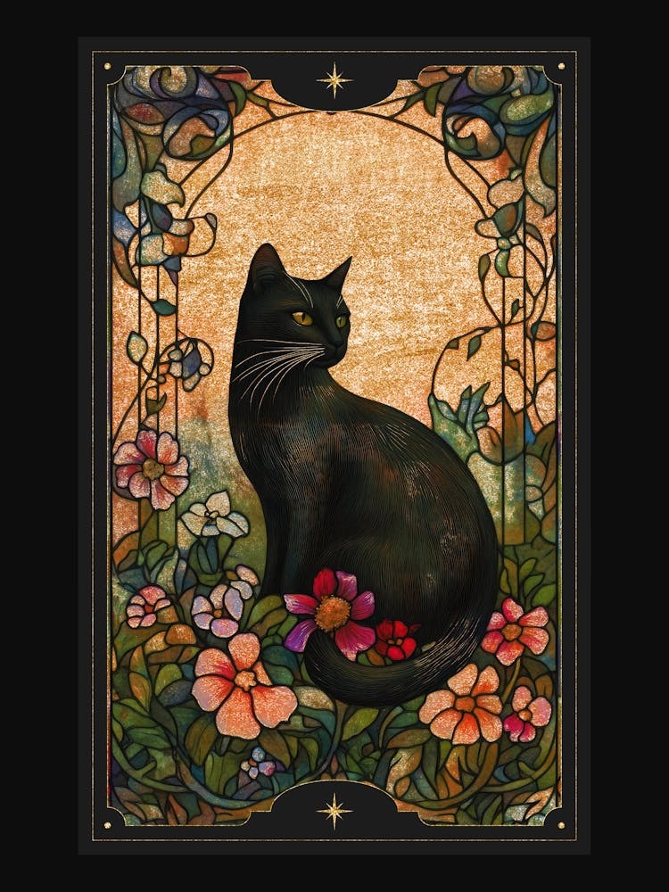 Alphonse Mucha-inspired black cat and ornate florals with gold accents in a dark cottagecore aesthetic with stained glass effect, Art Nouveau style witchy artwork perfect for libraries, vintage-themed rooms, moody interior 6