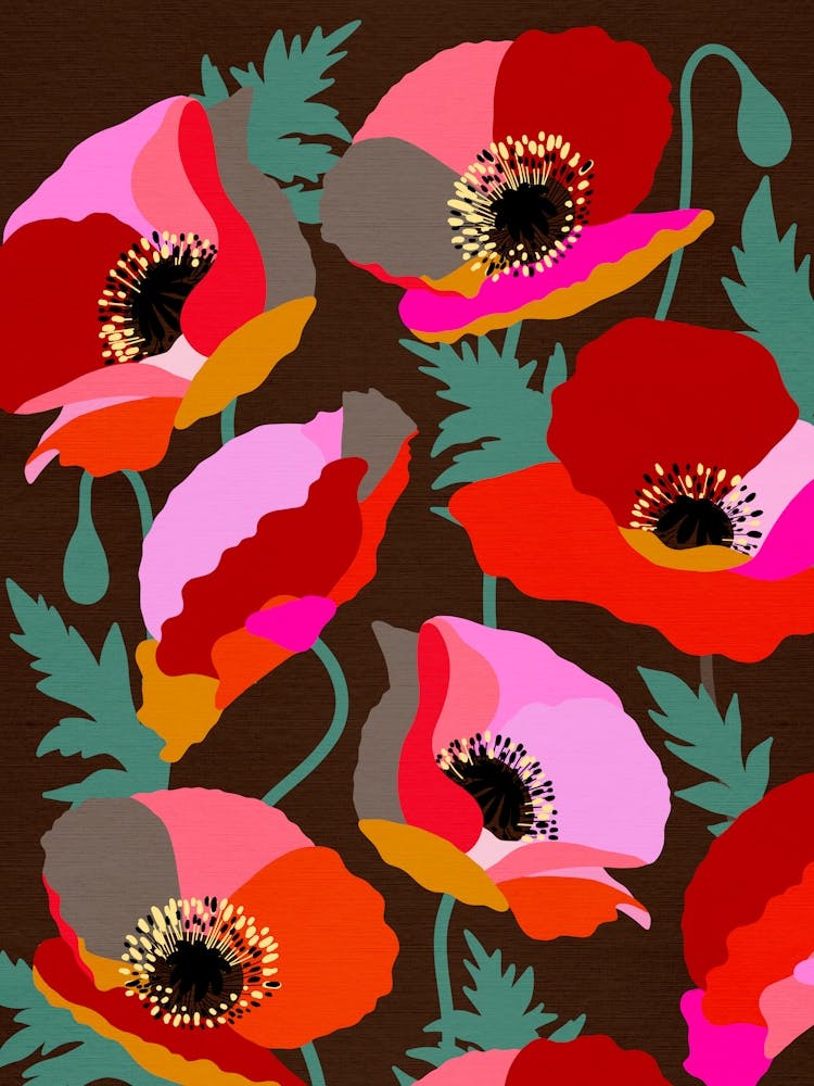 Vibrant Poppies Retro floral Pink Red Green on Brown