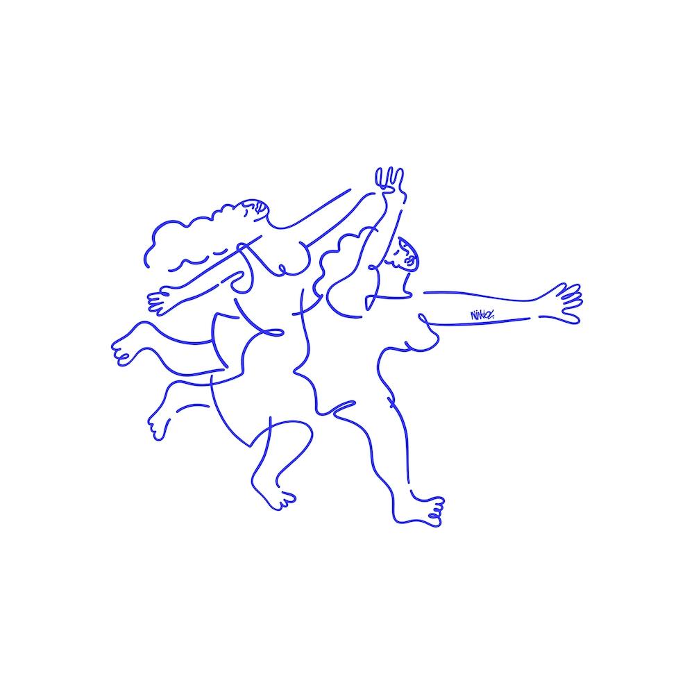Two Women Running Square Line