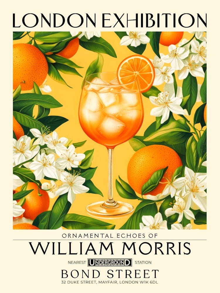 Aperol Spritz cocktail print William Morris style maximalist floral art, summer inspired drink wall art vintage botanical still life eclectic decor for bar cart, living room, kitchen, dining room 20