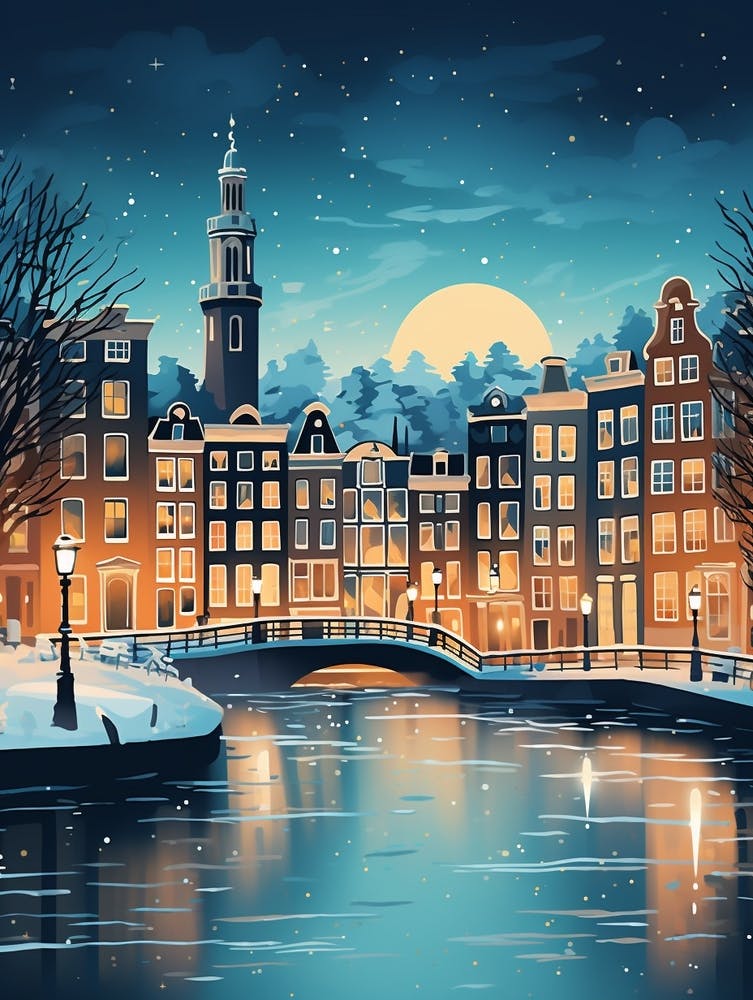 Winter Travel Night Illustration Amsterdam Netherlands 4