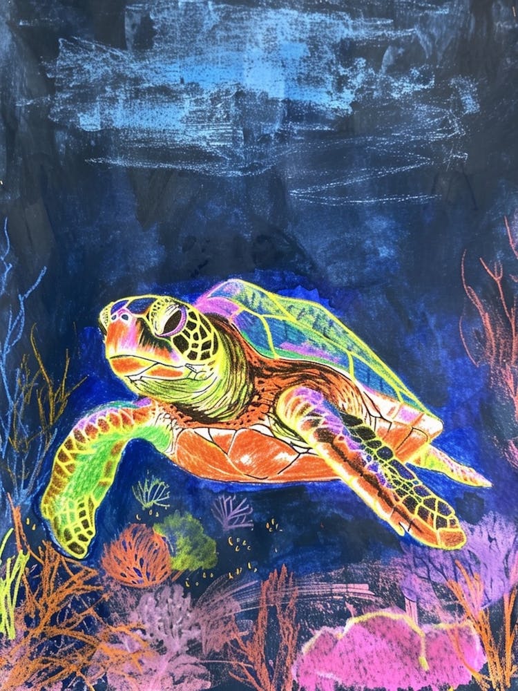 Neon Sea Turtle In The Sea At Night 1