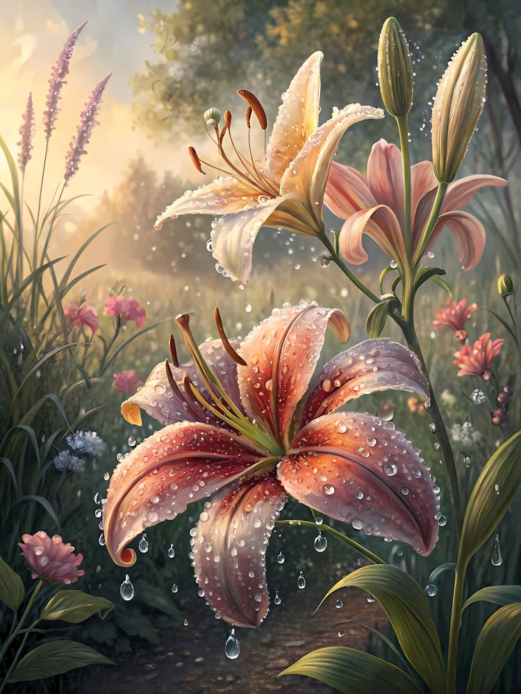 Tau-geküsste Asiatische Lilien - Realistische Digitale Kunst