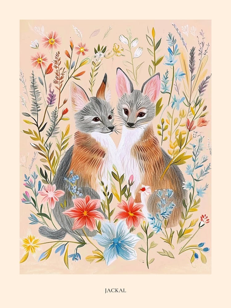 Folksy Floral Animal Drawing Jackal 2 Poster