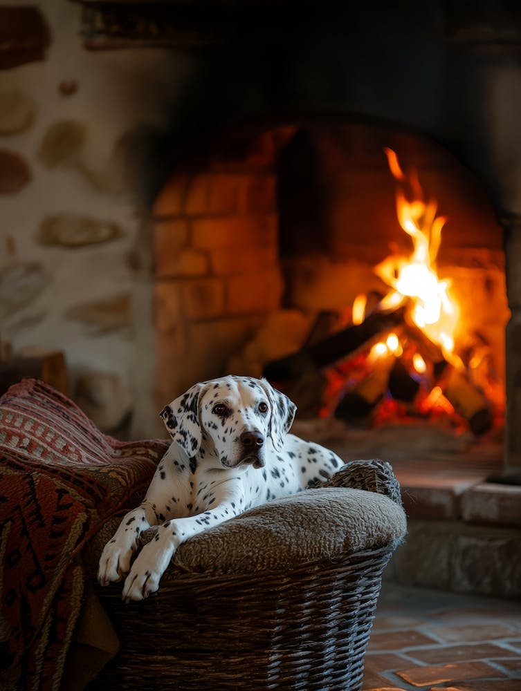 Dalmatian Dog In Front Of Fireplace.Generated AI. Wall 1