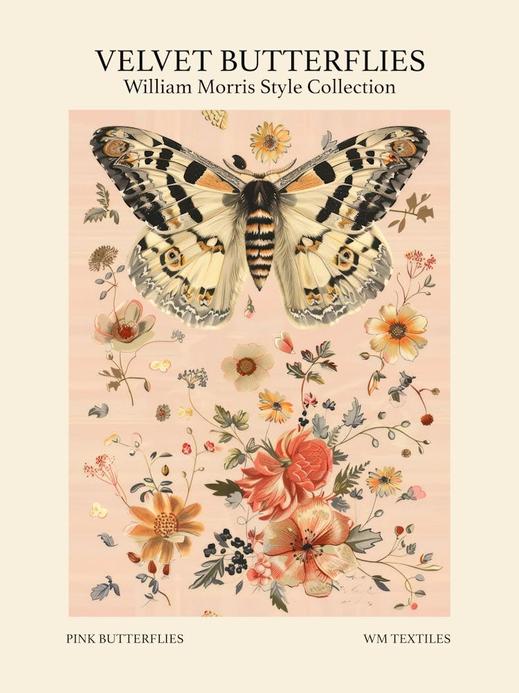 Velvet Butterflies Collection Pink Butterflies William Morris Style 1