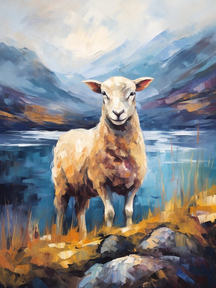 Impressionism Style Painting Of A Sheep By The Loch