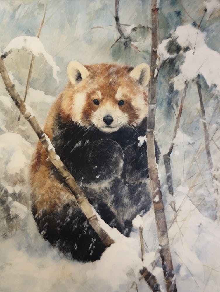 Vintage Wintertiergemälde Roter Panda 1