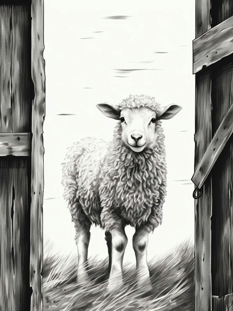Sheep In Wooden Barn Black & White Illustration