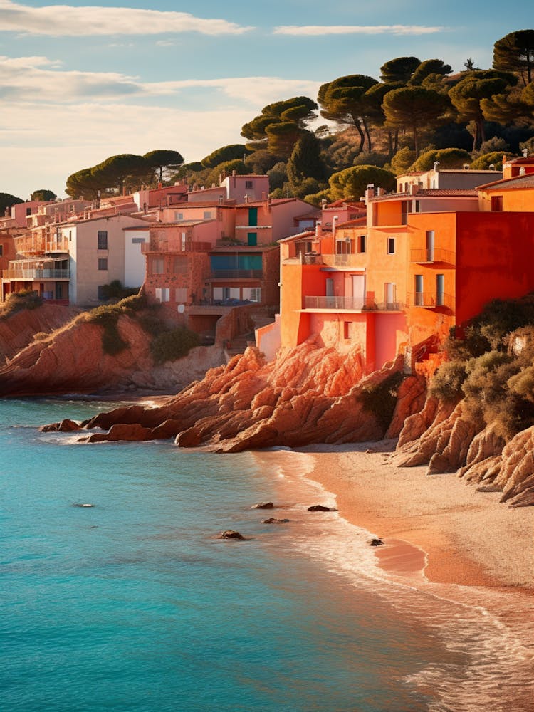 Cala Estreta Beach Costa Brava Spain Mediterranean Style Illustration 1