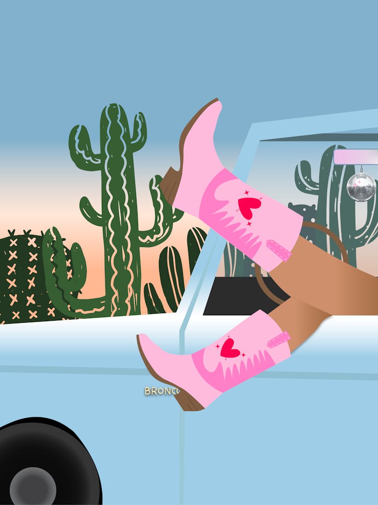 Western Cowgirl Car Cactus Desert Hand Drawn Illustrated Trendy Art