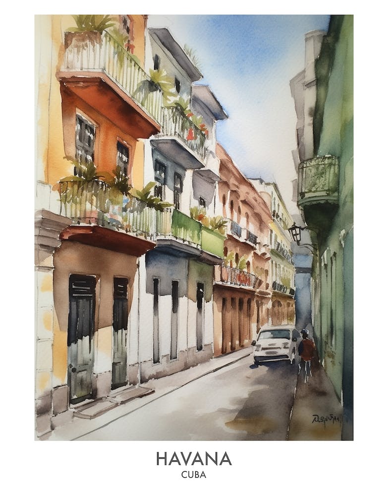 Havana 2 Watercolour Travel Poster