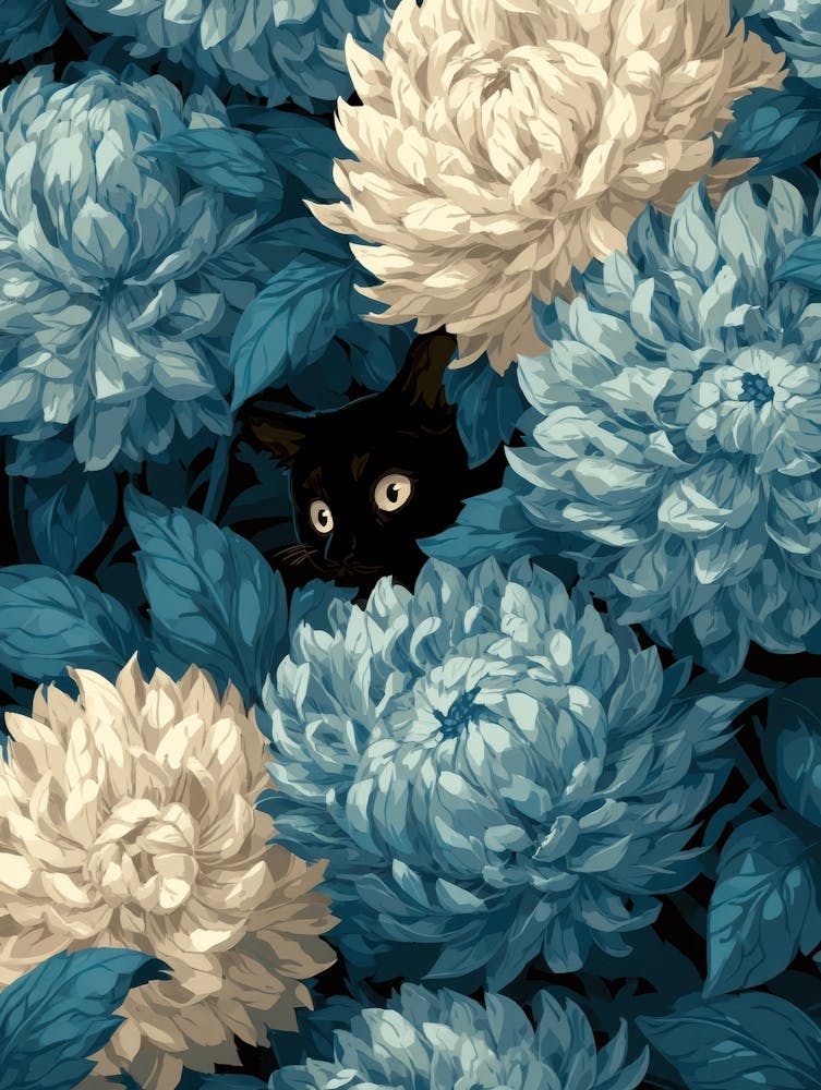 Black Cat In Blue Flowers 15